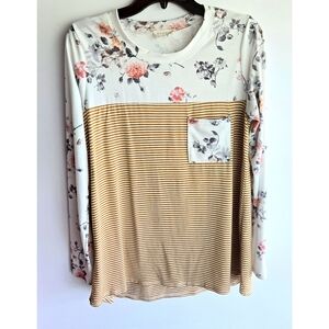 Avery Floral & Stripe Top, Size M White/Gold Yellow Long Sleeved With Pocket